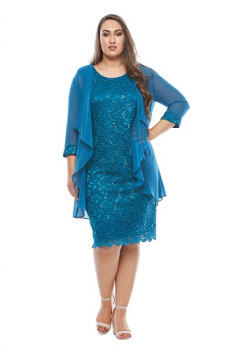 Layla Jones collection, Style Code LJ0181 sapphire, Mid length sequin embroidered dress with scallop hem and 3/4 waterfall jacket and embroidered cuffs.